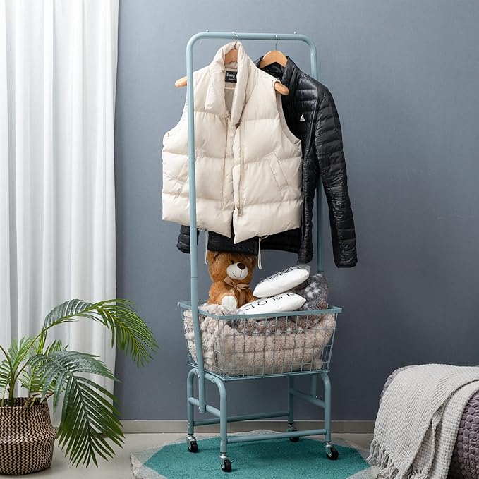 ALIMORDEN Laundry Cart with Clothes Rack, Rolling Laundry Butler with Wire Storage Rack, Grey Blue
