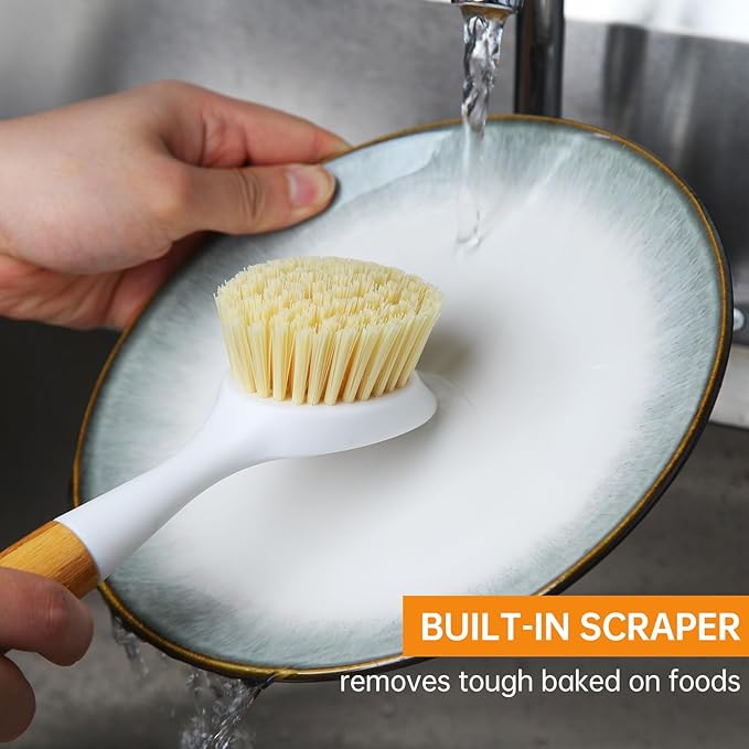 Cooptop 3 Pack Dish Brush Set with Bamboo Handle, Dish Scrubber Built-in Scraper, Kitchen Scrub Brush for Cleaning Cast Iron Cookware, Pans, Pots, Counter & Kitchen Sink (White)
