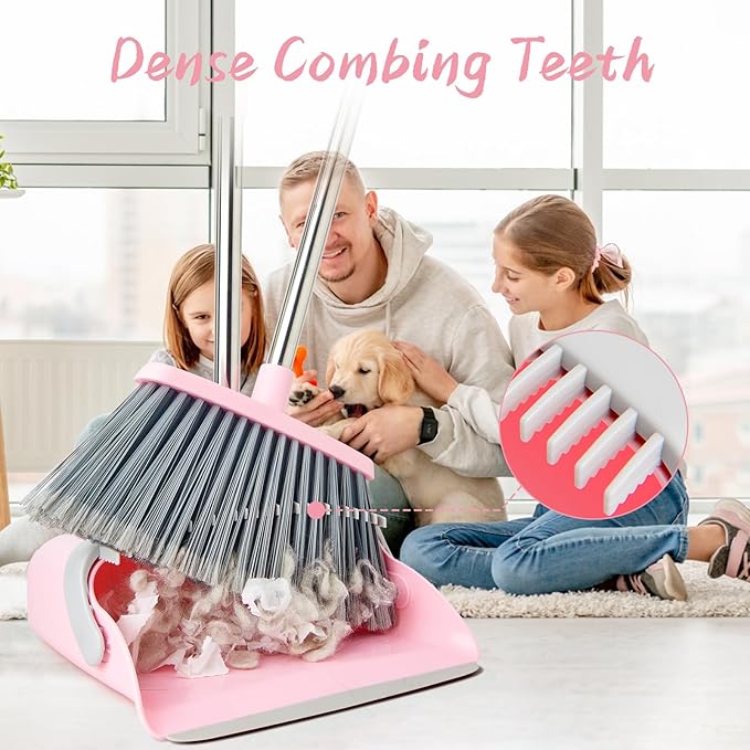 OOOFLOWER Broom and Dustpan Combo Set, Long Handle and Standing Dust Pan with Comb Teeth, Efficient Floor Cleaning for Kitchen, Outdoor, Dorm, Apartment, Office Lobby (Pink Gray)