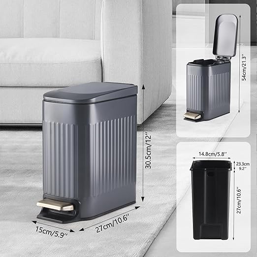 Slim Bathroom Trash Can with Lid Soft Close, Stainless Steel Garbage Can Step Trash Bin with Removable Inner Bucket for Bedroom, Office, Kitchen (Matt Grey, 1.8 Gallons)