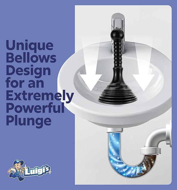 Luigi's Sink Plunger Kitchen - Sink Plunger Bathroom - Drain Bathtub or Shower - Small and Powerful Clog Remover - Commercial Style "Plumbers Plungers" with Large Bellows - Black - Small
