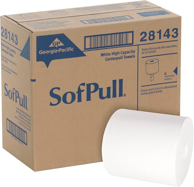 SOFPULL CENTERPULL HIGH-CAPACITY PAPER TOWELS BY GP PRO (GEORGIA-PACIFIC), 28143, WHITE, 4 ROLLS PER CASE, 567 TOWELS PER ROLL