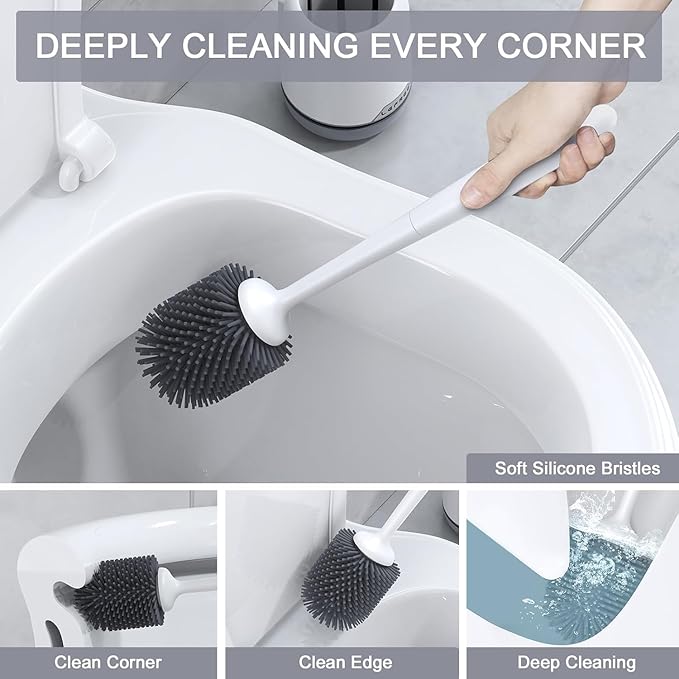 Lefree Toilet Brush Set, 3 Pack Silicone Toilet Bowl Brush and Holder with Ventilated Holder, for Bathroom Floor Standing & Wall Mounted Scrubber