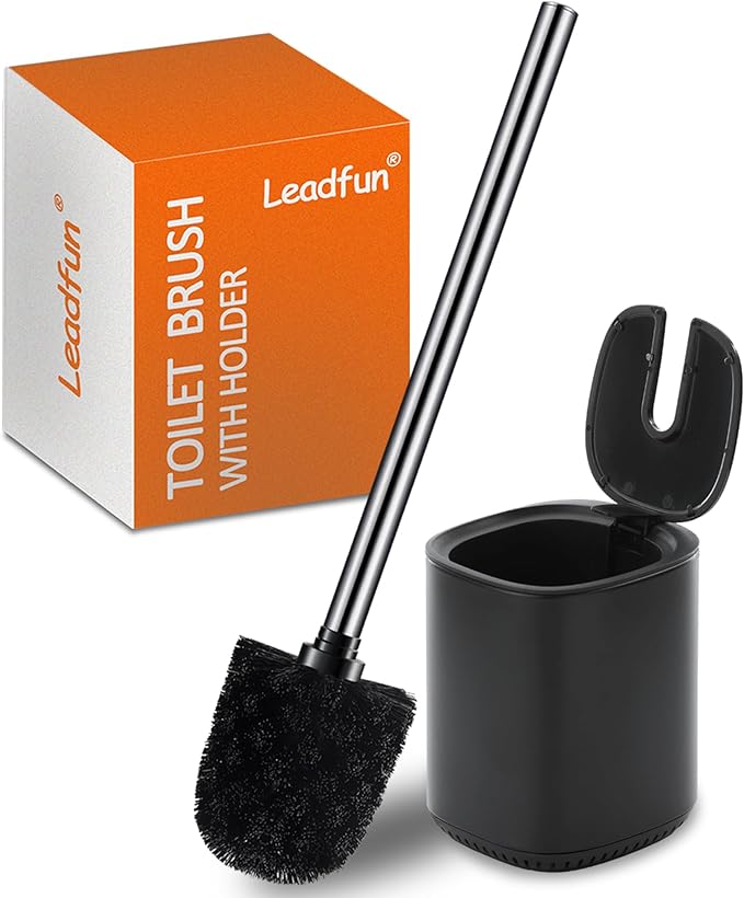 Leadfun Toilet Bowl Brush and Holder, Toilet Brush with Stainless Steel Handle and Durable Bristles for Bathroom Cleaning, Automatic Closing Holder Set (Black)