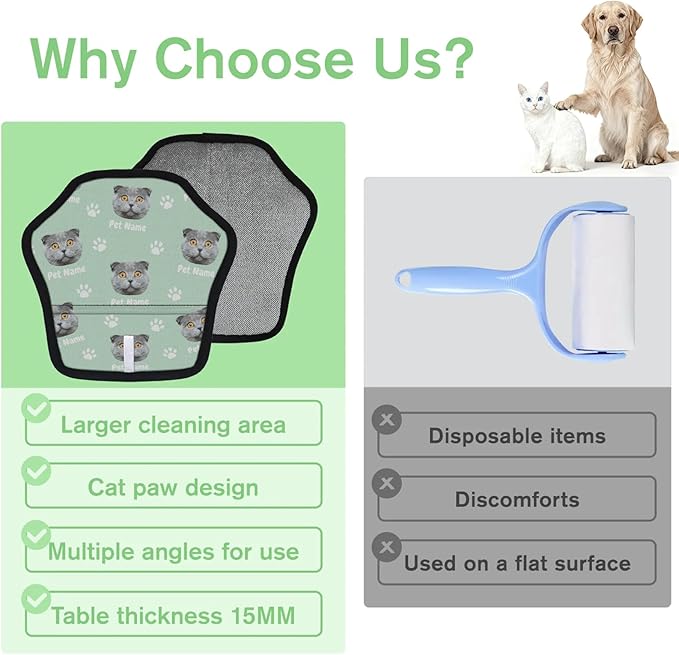 Personalized Pet Hair Remover Glove for Dogs & Cats - Custom Photo & Name Magic Brush for Dog Cat Hair Removal, Reusable Electrostatic Pet Hair Gloves for Furniture Carpet Couch, Face Paw Green