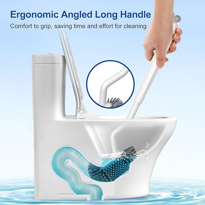 HAMITOR Toilet Bowl Brush Holder Set: Deep Cleaning Silicone Toilet Cleaner Scrubber Under Rim with Curved Bristle for Bathroom Dead Corner Clean - Modern Rv Toilet Decorative Accessories - White