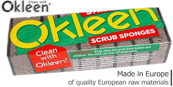 Okleen Taupe Multi Use Scrub Sponges. Made in Europe. 9 Pack, 4.3x2.8x1.4 inches. Best Odorless Durable Brown Heavy Duty Scrubber for Kitchen and Household Cleaning