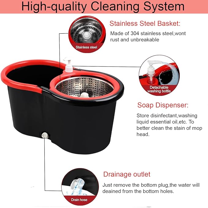 Spin Mop and Bucket with Wringer Set, 360° Spinning Mop Bucket System with 3 Microfiber Mop Replacement Heads Refills,56" Stainless Steel Extended Handle for Floor Cleaning Home(20QT) (Green) (Black)