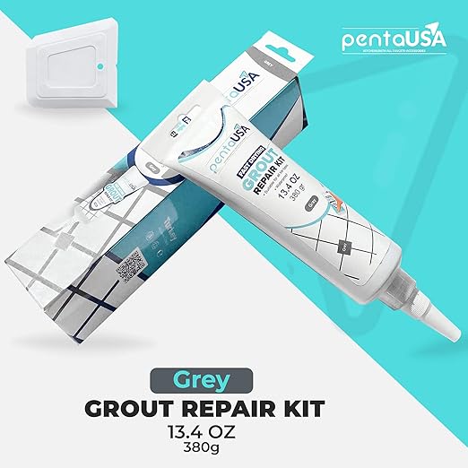 PentaUSA Tile Grout - Large Grout Filler Repairs Renews Tube, Fast Drying Grout Repair Kit, Odorless Formula - Grout Floater Included - 13.4oz / 380gr (Grey)