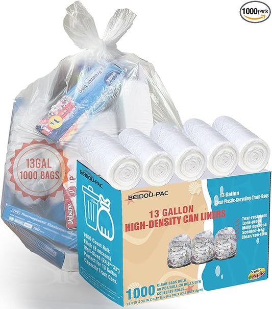 BEIDOU-PAC Trash Bags 13 Gallon, 1000 Count Bulk Value Pack, Clear Plastic Recycling Garbage Bags, Multi-purpose Tall Kitchen Trash Bags Can Liners for Business Home Commercial and Industrial