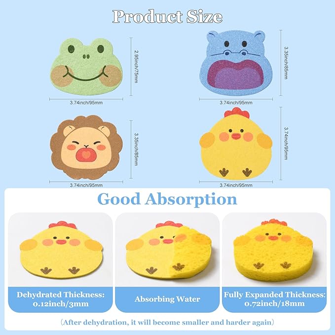 4 PCS Lovely Animal Bath Sponge for Kids,Cute Colorful Cartoon Shape Compressed Cellulose Shower Sponges for Baby,Soft and Funny(Hippo+Frog+Lion+Chicken)