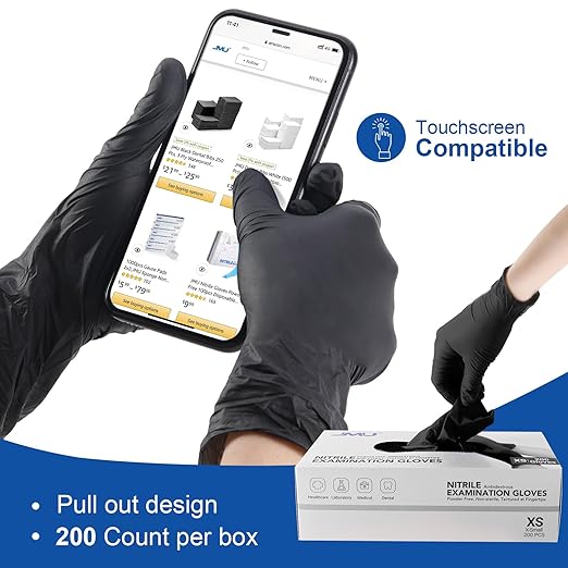 JMU Black Nitrile Gloves Small, 200 Count, Disposable Gloves Latex Free Powder Free, 3.5Mil Nitrile Medical Exam Gloves