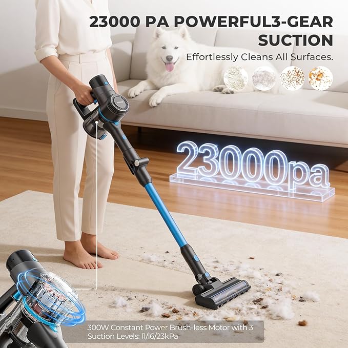 Apical Life Cordless Vacuum Cleaner, 23Kpa 300W Stick Vacuum with Foldable Tube, 45 Mins Runtime, LED Headlight, HEPA Filter, Wall-Mounted Storage, 3-in-1 for Carpet and Hard Floor