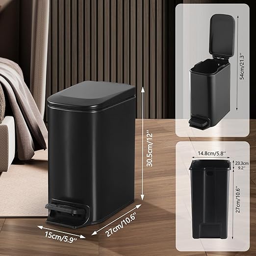 ELPHECO Small Bathroom Trash Can with Lid Soft Close 1.8 Gallon / 6.8 Liter Stainless Steel Garbage Can Slim Black Wastebasket for Bathroom, Office, Bedroom, Matte Black