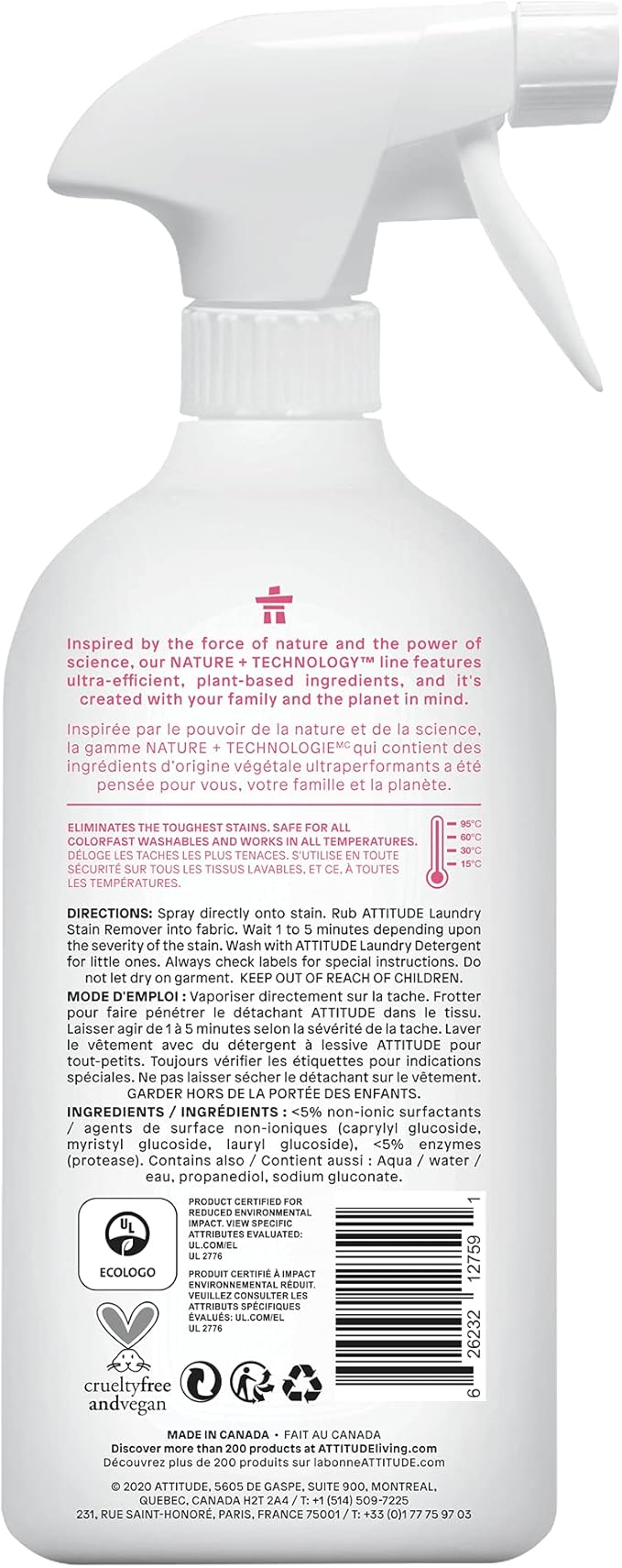 ATTITUDE Laundry Stain Remover for Baby Clothes, Plant and Mineral-Based Ingredients, Vegan and Cruelty-free Household Products, Hypoallergenic, Unscented, 27 Fl Oz (Pack of 2)