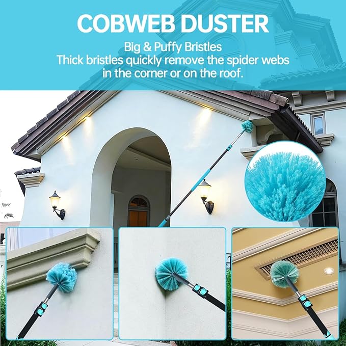High Reach 3-8FT Extension Pole, Skylight Shades Operating Hook, High Ceiling Dusting and Window Cleaning Kit with Telescopic Pole, Window Washer & Squeegee, Cobweb Duster, Fan Duster, Feather Duster