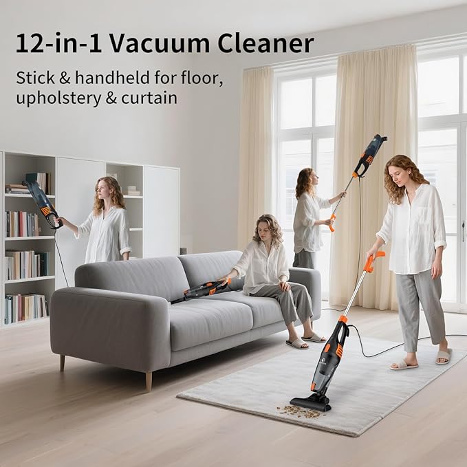 TC-JUNESUN Corded Vacuum Cleaner, 12 in 1 Ultra-Lightweight Vacuum Cleaners for Home 15KPa Powerful Suction Stick Vacuum with Washable HEPA Filter for Home, Car, Pet Hair, Carpet, Hard Floor