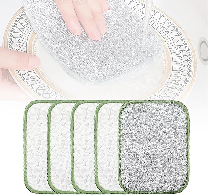 Double-Side Scratch-Free Wire Dishcloth, Multipurpose Wire Dishwashing Rags for Wet and Dry Non Scratch Dishcloth Rag, Reusable Metal Scrubbing Pads Sponge Cloths for Kitchen Cleaning (5pcs)