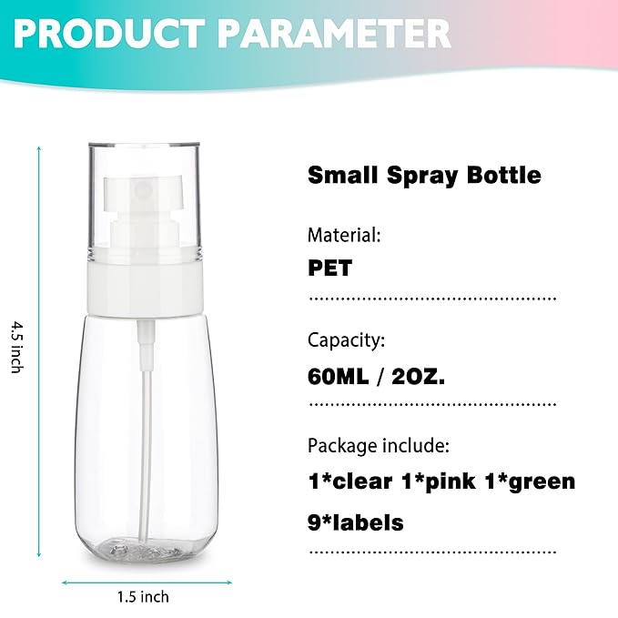 3 Pack 2oz/60ml Small Spray Bottle, Empty Plastic Mini Spray Bottles, Fine Mist Travel Spray Bottle with 9pcs Labels