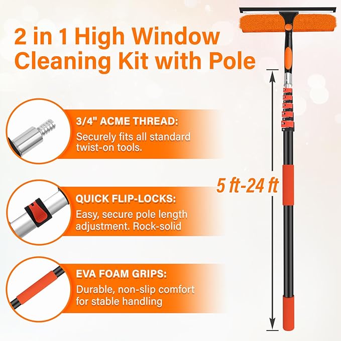 Jhkopqe 30FT Telescoping Window Cleaning Kit with 14" Squeegee - 2-in-1 Professional Window Scrubber & Extension Pole - Extra Long High-Reach Glass Cleaner Tool for Indoor & Outdoor High Windows, RV