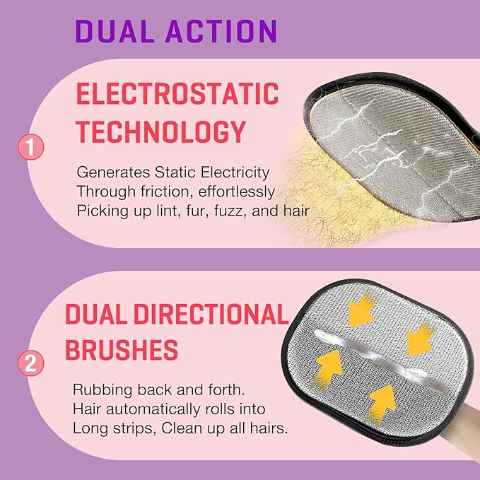 Jioroos Pet Hair Removal Glove for Cats & Dogs, Upgraded Electrostatic Reusable Pet Hair Remover Tool, Magic Fur Removal Mitt for Laundry, Couch, Carpet, Car Seat, Pet Grooming Gloves (2)