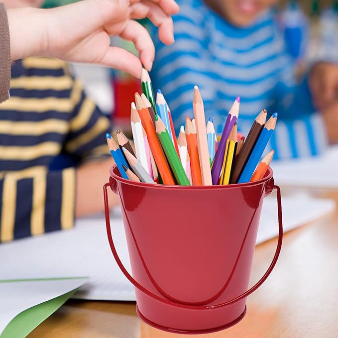 Small Metal Buckets with Handle, 6 Pack 4.3 Inch Colored Galvanized Bucket for Kids,Classroom,Crafts,and Party Favors (Red, 4.3" Top)
