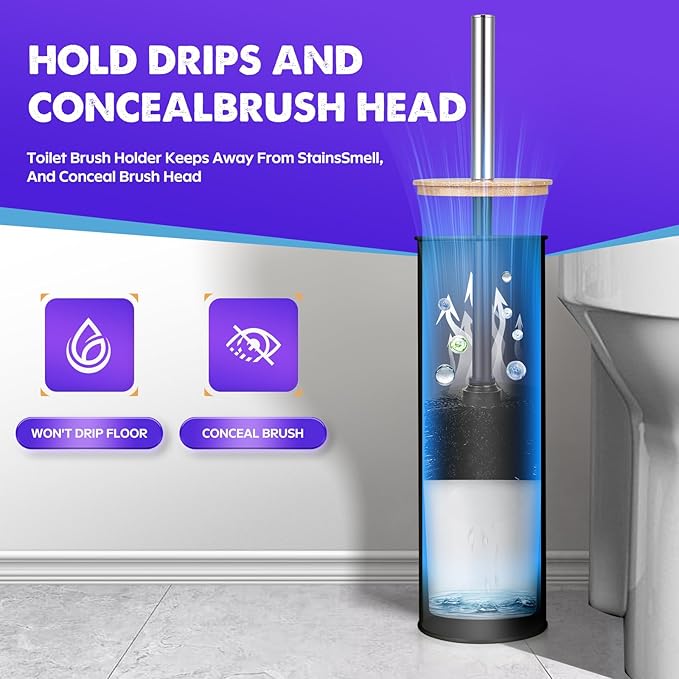 ODJSY Compact Toilet Brush & Holder,SetStainless Steel Handle Toilet Brush,Deep Cleaning,Durable Nylon Bristles,Splash-Proof Design(White&Black)