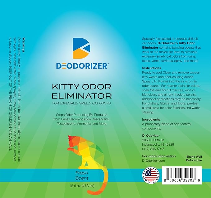 D-Odorizer Kitty Odor Eliminator - Eliminates Strong Cat Odors, Litter Box Deodorizer, Stop Odors from Cat Urine, Feces, Territorial Spray - 16oz Spray
