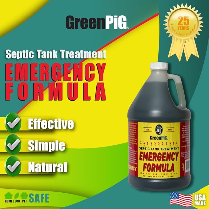 GREEN PIG Drain Field Cleaner, Septic Safe Drain Clog Remover, Treatment for Quickly Clearing Leach Field System Clogs, Back-Ups, and Foul Odors in Septic Tank Systems, Emergency Formula, 1 Gallon