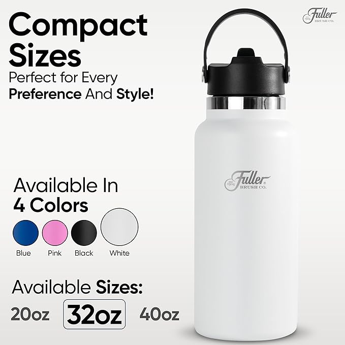 Fuller Stainless Steel Water Bottle with Straw Lid – BPA-Free, Sweat-Proof, Leak-Proof Travel Mug – Double Wall Insulated for Hot & Cold Drinks – Carry Handle (White, 32 Oz.)