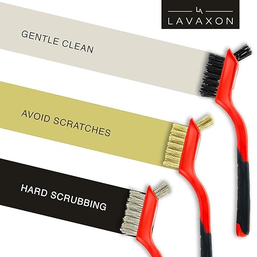 Lavaxon Wire Brush Set 3Pcs - Nylon/Brass/Stainless Steel Bristles with Curved Handle Grip for Rust, Dirt & Paint Scrubbing with Deep Cleaning – 7 Inches (Red)