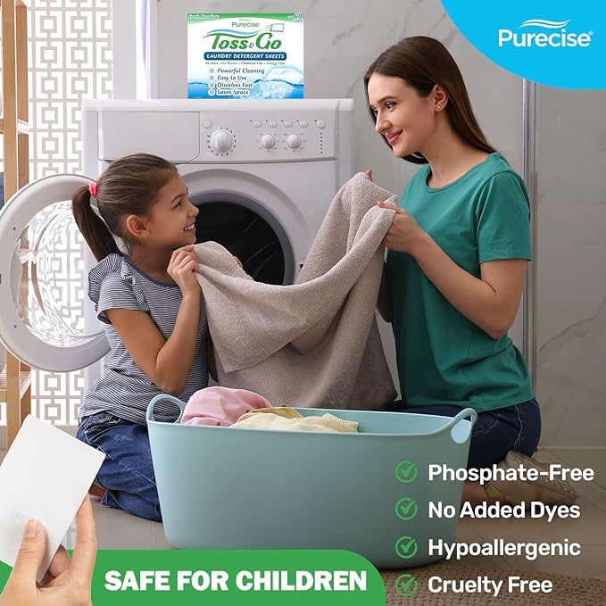 Purecise - Toss & Go - Fresh Meadow Laundry Detergent Sheets - Powerful Clean, No Mess, Fast-Dissolving, No Residue - 60 Loads - 30ct Pack of 1
