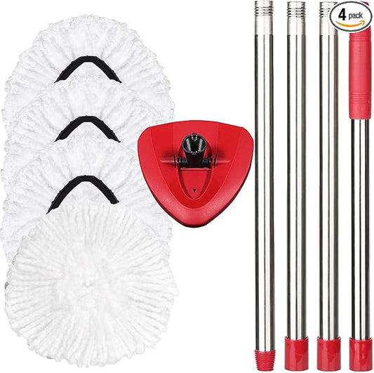 Spin Mop Replacement Set - 4 Microfiber Heads, Base, 30-58'' Handle Compatible with OCedar EasyWring - White (1 Can System)