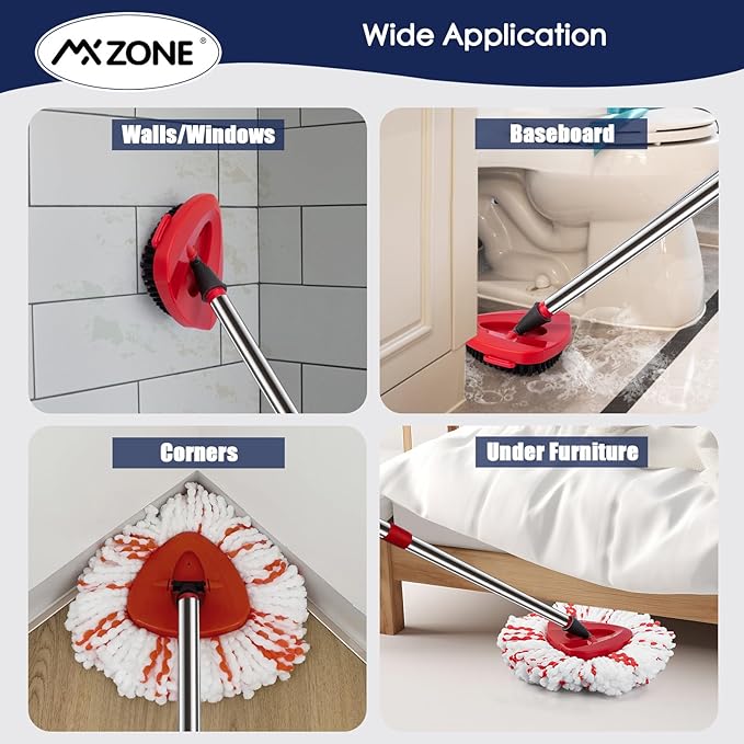 Spin Mop Head Replacement Base Handle Compatible with O Cedar EasyWring 1-Tank System, 3 Pack 40% More Cleaning Power Replace Heads, 1 Mop Handle, 1 Base and 1 Scrub Brush Combo Set