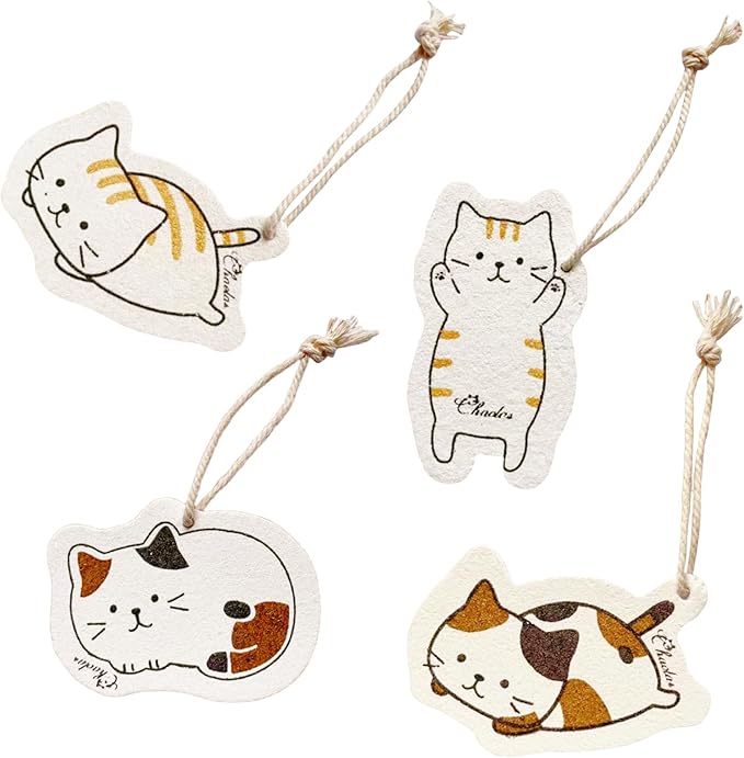 Extra Durable Biodegradable Wood Pulp Cartoon Sponges Compressed - More Durable Than Ordinary, Quick-Absorbing for Kitchen, Bath & Pet Dishes, 4-Pack Cute Cat Shapes, Plant-Based & Odorless