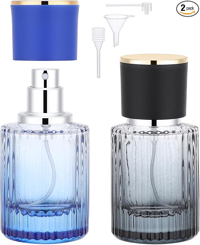 Segbeauty 1oz Glass Perfume Atomizer Empty 2Pack of 1pcs Blue Mini Perfume Bottle Refillable, 1pcs 30ml Black Cologne Travel Bottle, Portable Cologne Sprayer with Travel Refill Tools, Sample Bottles