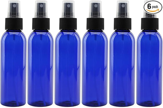 Cornucopia 4oz Blue Empty Plastic Refillable PET Spray Bottles w/Fine Mist Atomizer Caps (6-Pack); Sprayers for DIY Home Cleaning, Aromatherapy, Travel, & Beauty Care (4 Ounce, Cobalt Blue, 6)
