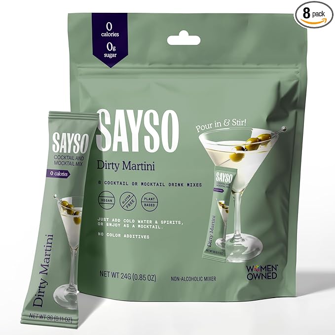 SAYSO Dirty Martini Cocktail Sticks | Craft Cocktail or Mocktail in 1 Min, Just Add Water + Spirits (0g Sugar, 0 Calories, Vegan, Gluten-Free, Kosher, Non-GMO), 8 Single-Serve Mixers