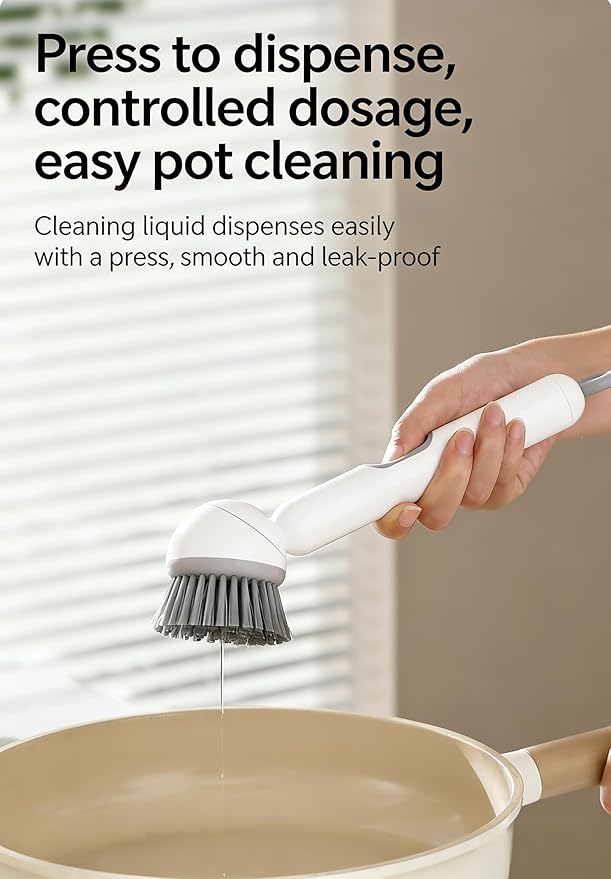 Rotating Dish Brush with Soap Dispensing Handle,Kitchen Scrub Brush with Hook，White