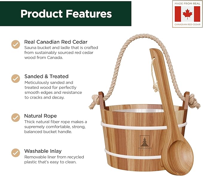 Sauna Bucket and Ladle Set - Handmade from Canadian Red Cedar Wood - Natural Rope Handle - 1.6 Gallons (6 Liters) Water Capacity