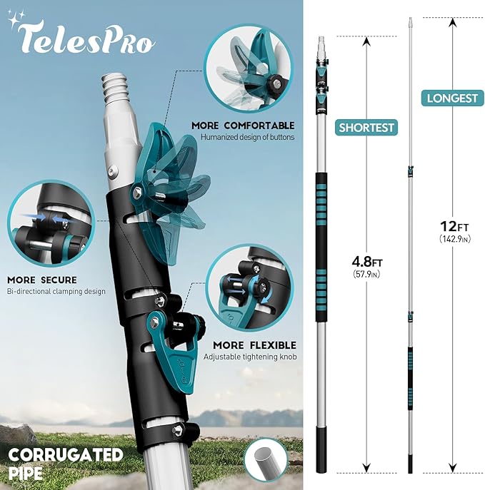 TelesPro 20 Foot High-Reach Duster Kit with 5-12FT Extendable Pole - High Ceiling Duster Cleaning Kit with Telescopic Pole,Cobweb Duster, Chenille Ceiling Fan Duster, Microfiber Feather Duster