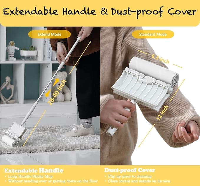 HapChron Large Surface Lint Roller with Extendable Long Handle Dust-Proof Cover 6.3'' Wider 240 Sheets, Long Handle Sticky Mop for Cleaning Furniture Carpet Floor Curtains and Pet Hair