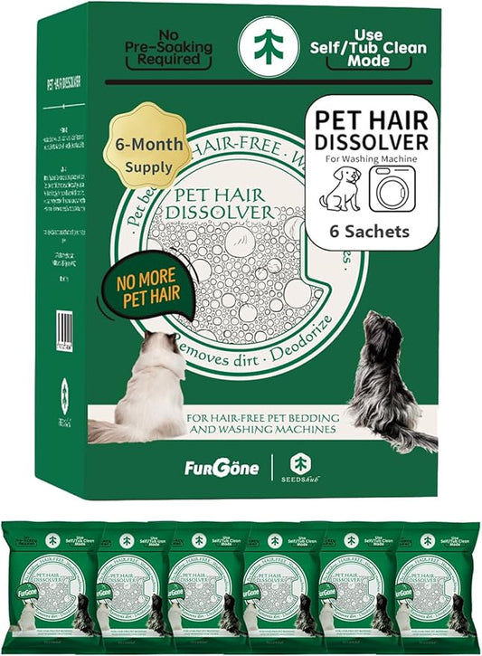 FURGONE by Seedshub Pet Hair Dissolver Washing Machine Cleaner Powder, 6 Months Supply, Dog Cat Fur, Stains & Odors Remover for Laundry, Pet-Friendly, Deep Cleaning for HE Top & Front Load, 6 Sachets