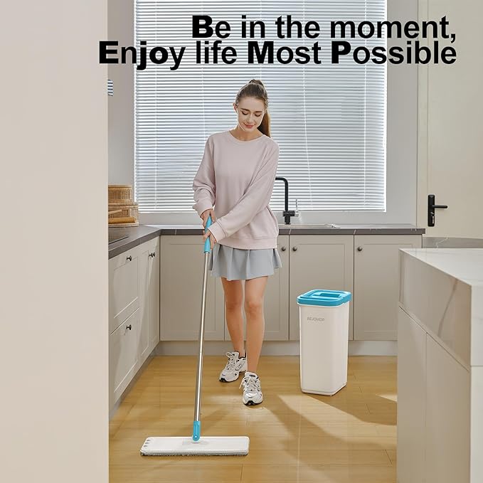 BEJOMOP Mop and Bucket Set with Wringer, Turquoise-Cyan Wall Mop Cleaner with Long Handle, Squeeze Flat Mop and Bucket System, Dry & Wet Dust Mop for Household Floor Cleaning with 2 Microfiber Mops