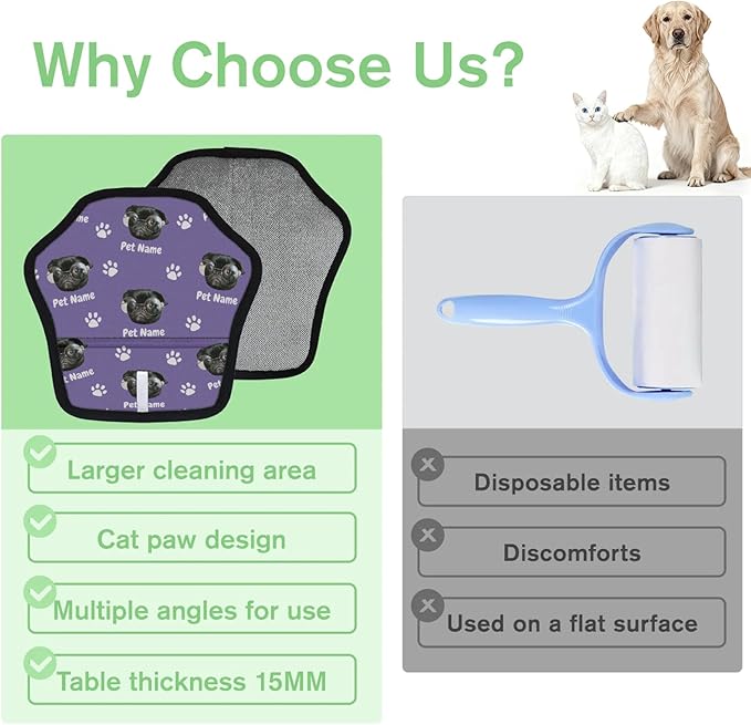 Personalized Pet Hair Remover Glove for Dogs & Cats - Custom Photo & Name Magic Brush for Dog Cat Hair Removal, Reusable Electrostatic Pet Hair Gloves for Furniture Carpet Couch, Face Paw Purple