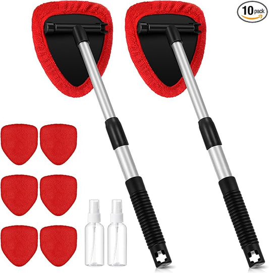 Baderke 10 Pcs Windshield Cleaner Tool Car Window Cleaning Supplies with Extendable Handle Include 6 Washable Microfiber Bonnets 2 Empty 60ml Spray Bottle Glass Wiper Kit(Red)