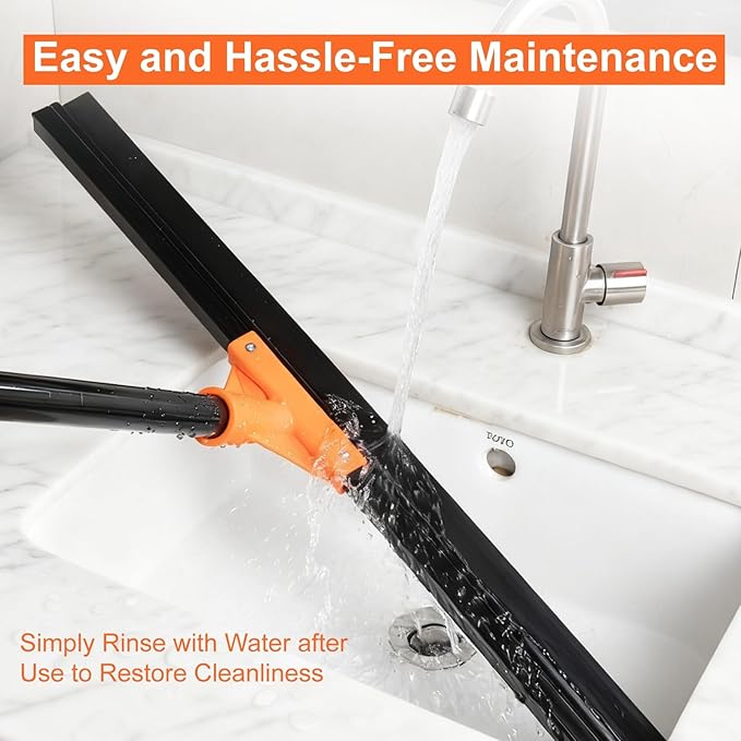 Heavy Duty Floor Squeegee with Long Handle, 18" Rubber Wiper Broom for Concrete Tile Cleaning Commercial Scrubber Mop for Garage Deck Bathroom Kitchen Pool Glass