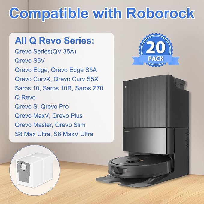 Sinnya 20 Packs Q Revo Dust Bags for Roborock QV 35A/Qrevo S5V/Saros 10/10R/Qrevo/Q RevoS/Qrevo Pro/Plus/MaxV/Master/Curv S5X/Edge S5A/S8 MaxV/S8 Max Ultra Robot Vacuum Cleaner, 3.5L Large Capacity