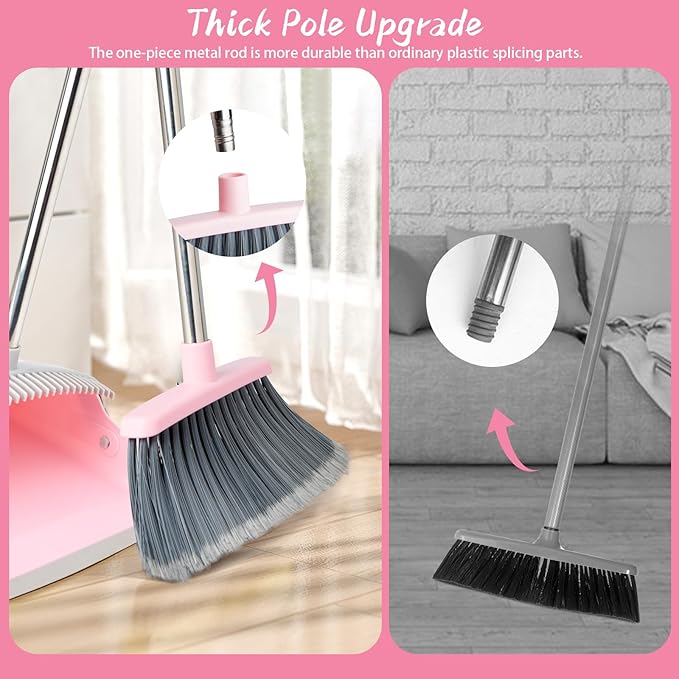 OOOFLOWER Broom and Dustpan Combo Set, Long Handle and Standing Dust Pan with Comb Teeth, Efficient Floor Cleaning for Kitchen, Outdoor, Dorm, Apartment, Office Lobby (Pink Gray)