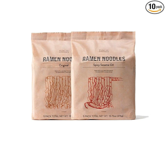 Public Goods Ramen Noodles | Brothless Vegan & Vegetarian Instant Ramen | Healthy, High Protein Asian Noodle | Preservative Free | No Added MSG | Original & Spicy Sesame Oil (10 Pack)